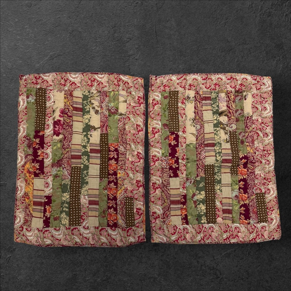 2 Pottery Barn Patchwork Quilted Pillow Shams Set Red Floral Paisley Standart